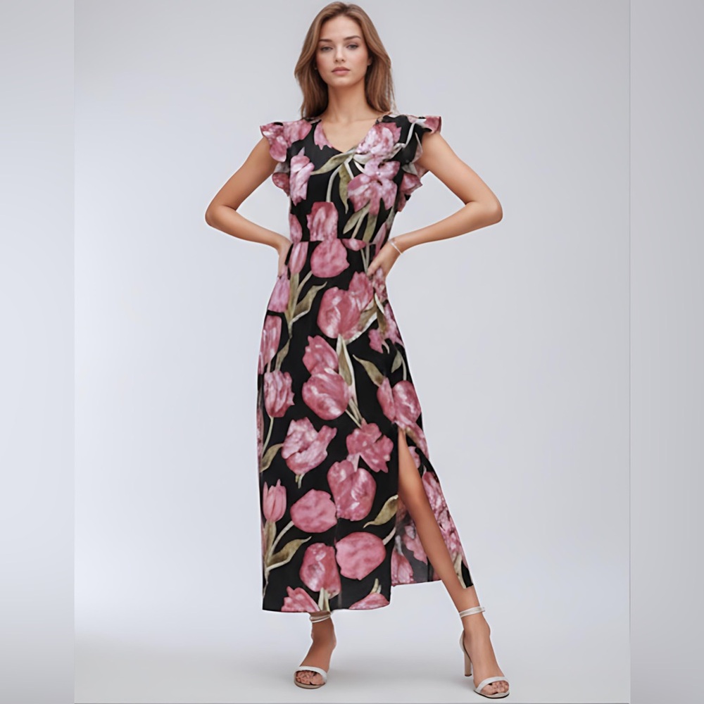Pink/Black Floral Print Butterfly Sleeve Ruffle Trim Split Thigh Dress